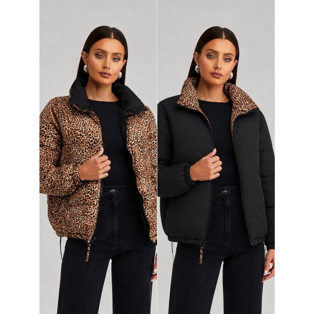 BB Dakota Reversible Cool Kitten Leopard Print Puffer Jacket Size Medium